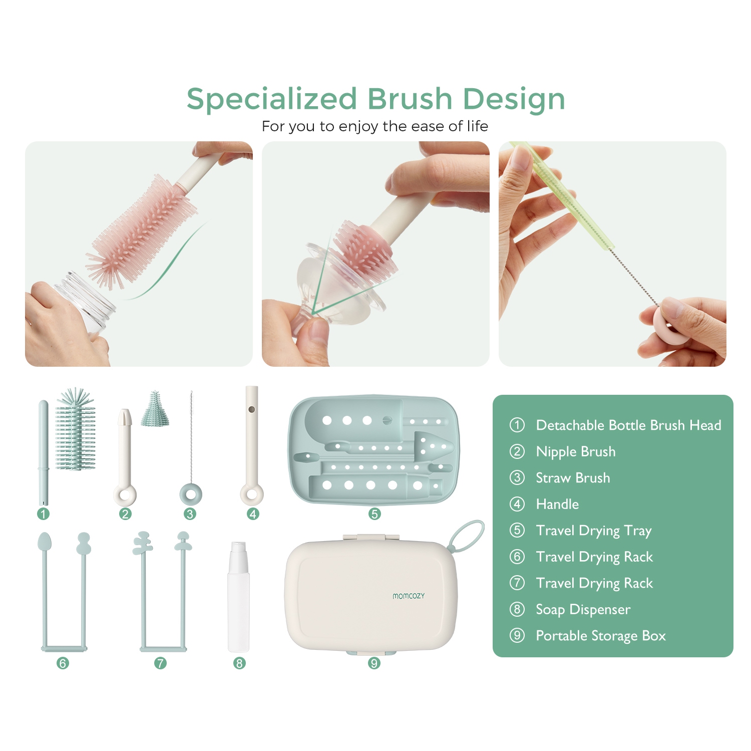 Momcozy Bottle Brush Set - Baby Bottle Cleaner Kit with Silicone Brush, Nipple Brush, Straw Brush, Soap Dispenser, Drying Rack - 7 in 1 Bottle