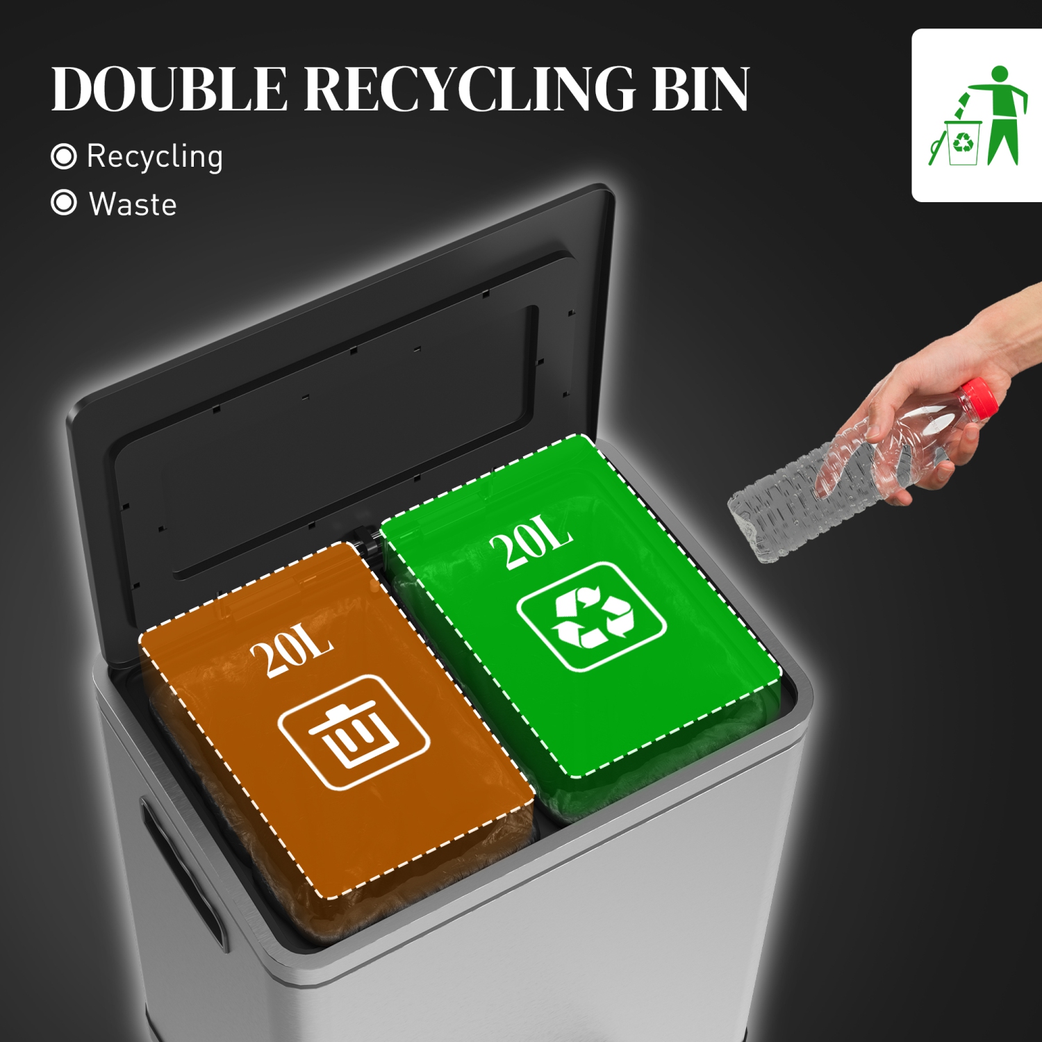 HOMCOM Dual Kitchen Garbage Bin, 2 x 5 Gallon Trash Can with Foot Pedal, Soft-Close Garbage Can with Removable Inner Buckets, Lid, Fingerprint-Proof