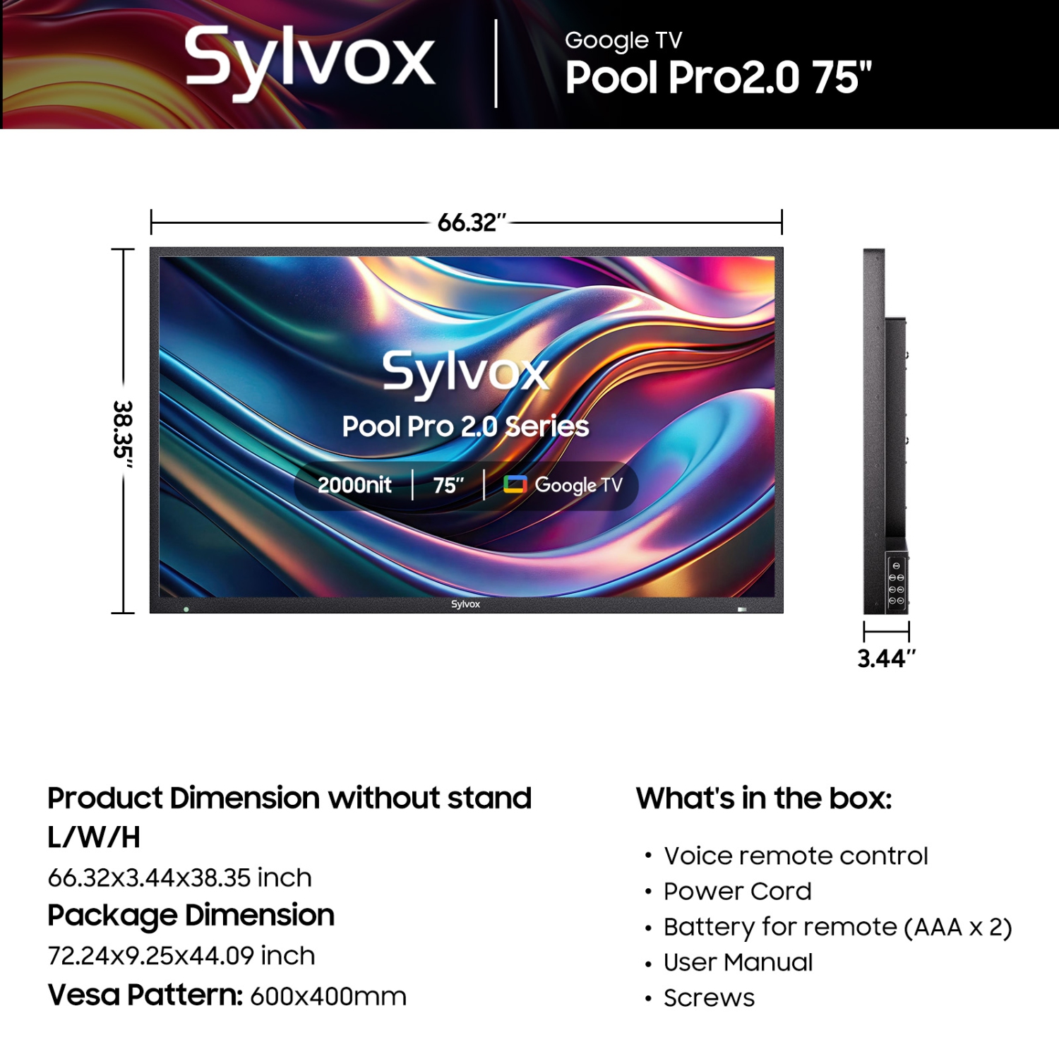 SYLVOX 75" Outdoor Smart TV + TV Mount + Cover 4K 2000nits Google Outside Television Built-in Google Assistant, Chormecast, IP55 Waterproof TV for