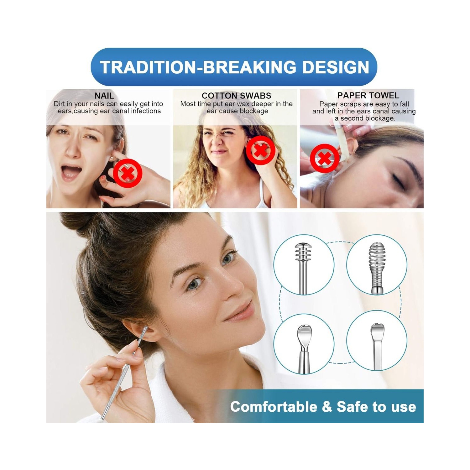 Ear Wax Cleaner Reusable Ear Cleaning Tools Kit with Aluminum Tube - Ear Pick Wax Remover Tool Kit with Ear Curette Cleaner and Spring Ear Buds