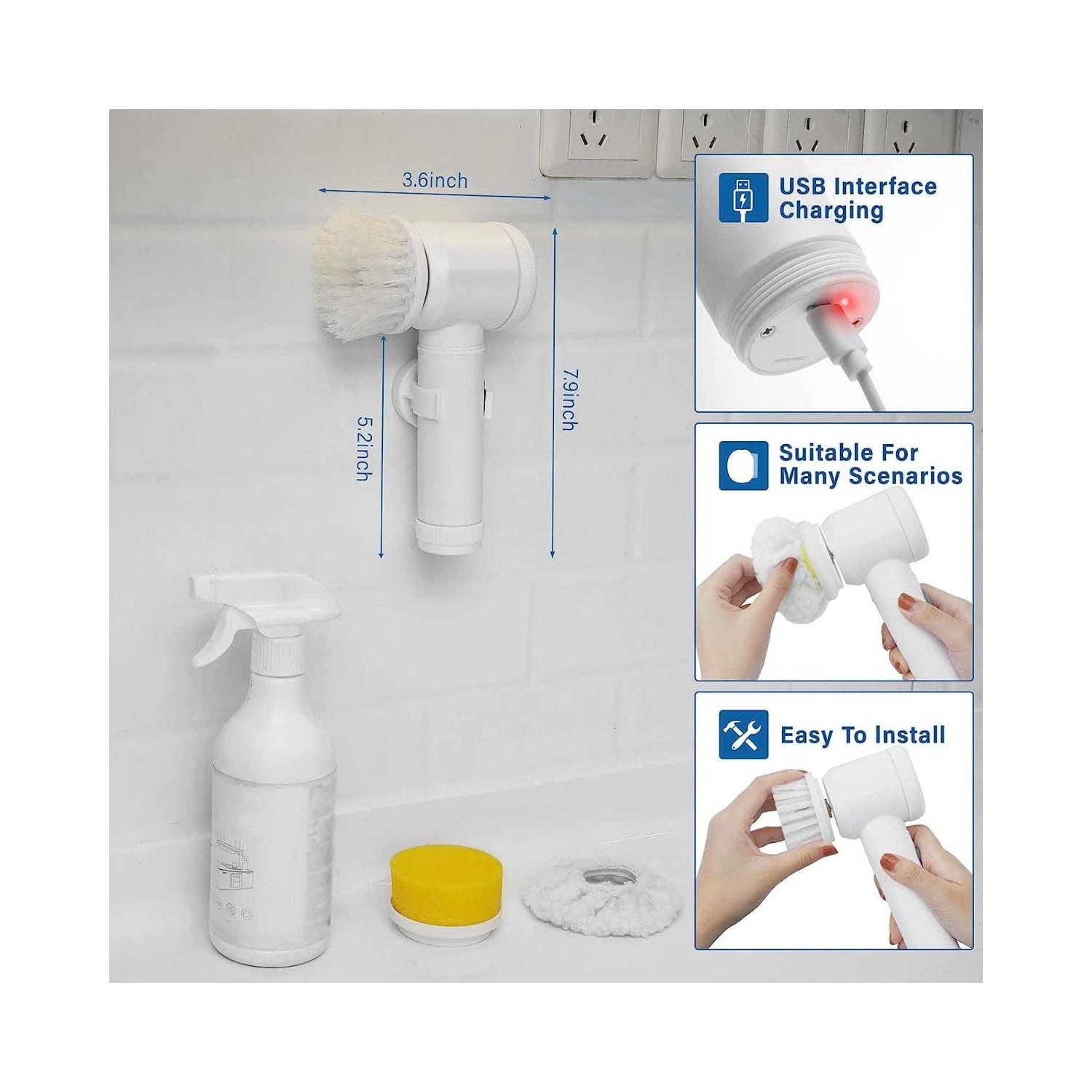 Multi-Functional Electric Cleaning Brush 5 in 1 Magic Power Scrubber Household Cleaning Tools Spin Scrubber with 3 Brush Heads, Buffer Polisher, for