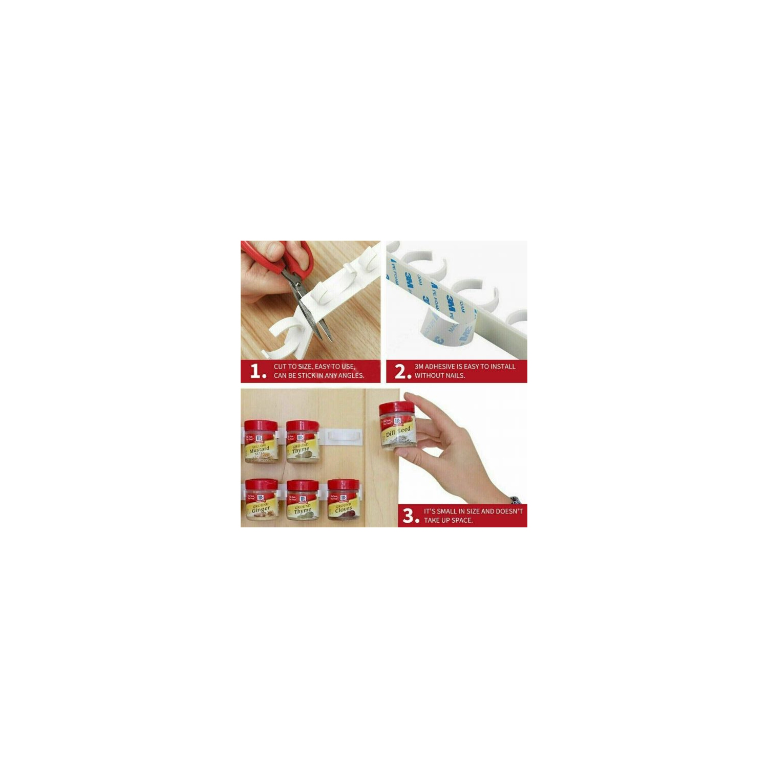 Paquet de 4 bandes à pinces Spice Gripper – organisateurs de pots à épices faciles à fixer au mur, pinces en plastique peu encombrantes