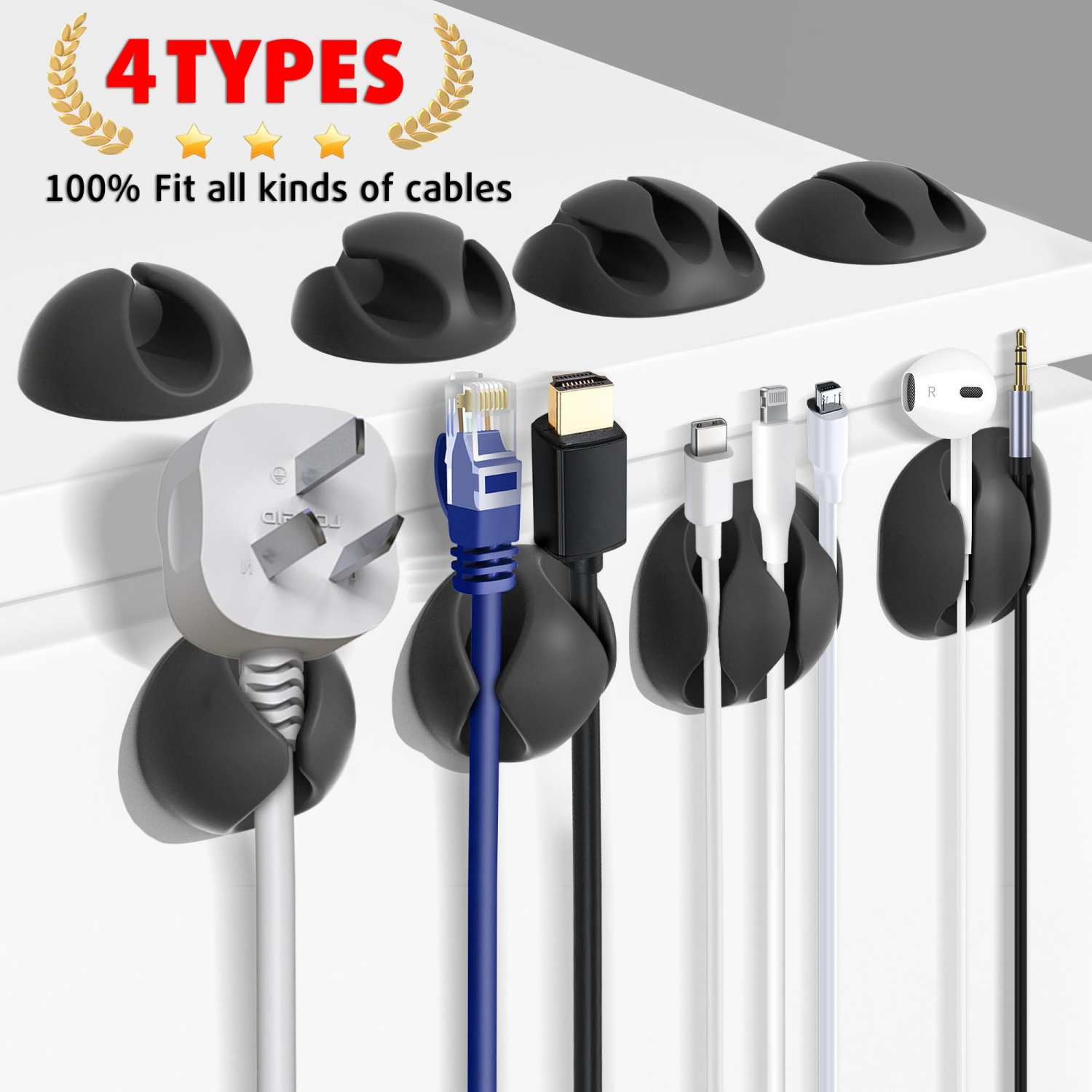 Cable Clips, 20 Pack Cord Organizers, Self Adhesive Wire Keeper Cord Holder Clips, Cable Management for Desk, PC, Charger, Laptop, TV, Nightstand,