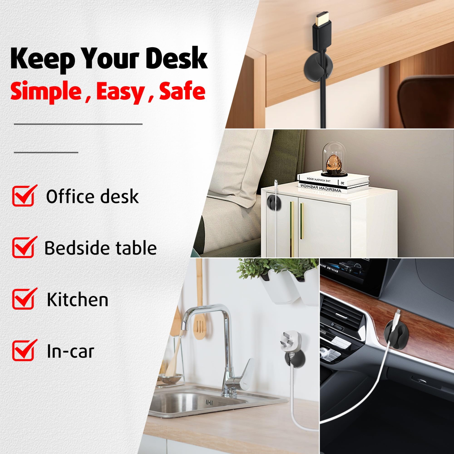 Cable Clips, 20 Pack Cord Organizers, Self Adhesive Wire Keeper Cord Holder Clips, Cable Management for Desk, PC, Charger, Laptop, TV, Nightstand,