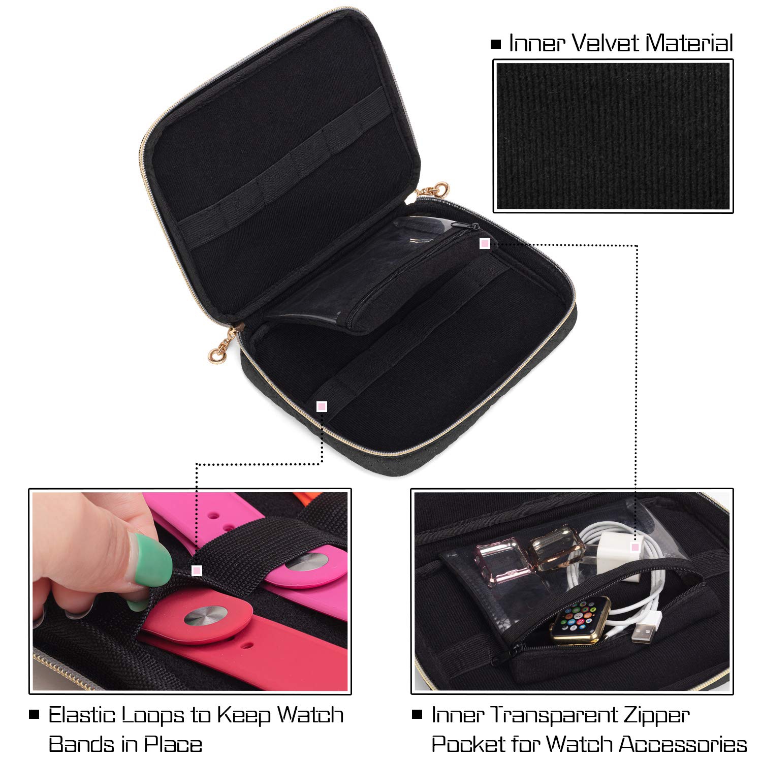 Watch Band Storage Case Holds 12 Watch Straps, Travel Organizer Bag Compatible for All Series Apple Watch Bands or Smart Watch Bands, Black