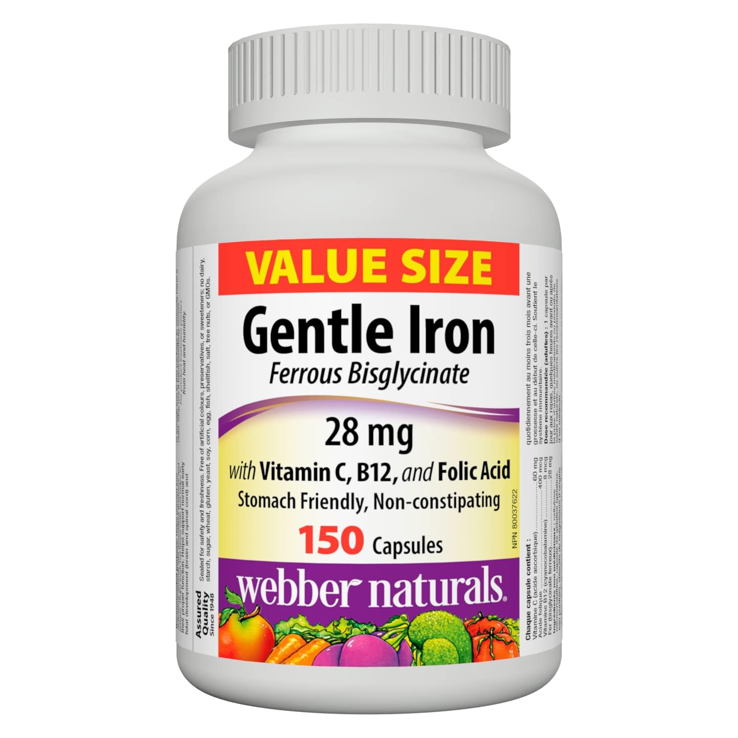 Webber Naturals Gentle Iron Supplement with Vitamin C, B12 and Folic Acid, 28 mg, 150 Capsules, Stomach-Friendly, Non-Constipating, Helps Prevent Iron Deficiency Anemia