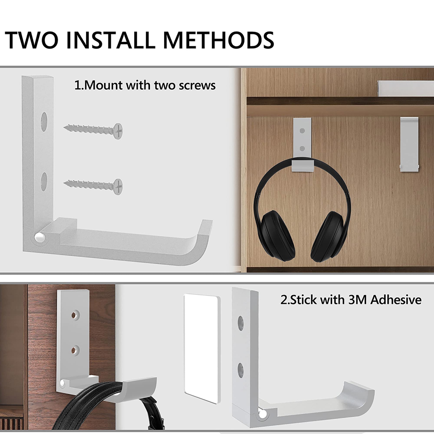 Foldable Wall Mount Headphones Holder,Headset Wall Hanger,Aluminum Wall Mount Hook,Hold Up to 1KG with 3M Tape, 20KG with Screws,Stand Come with
