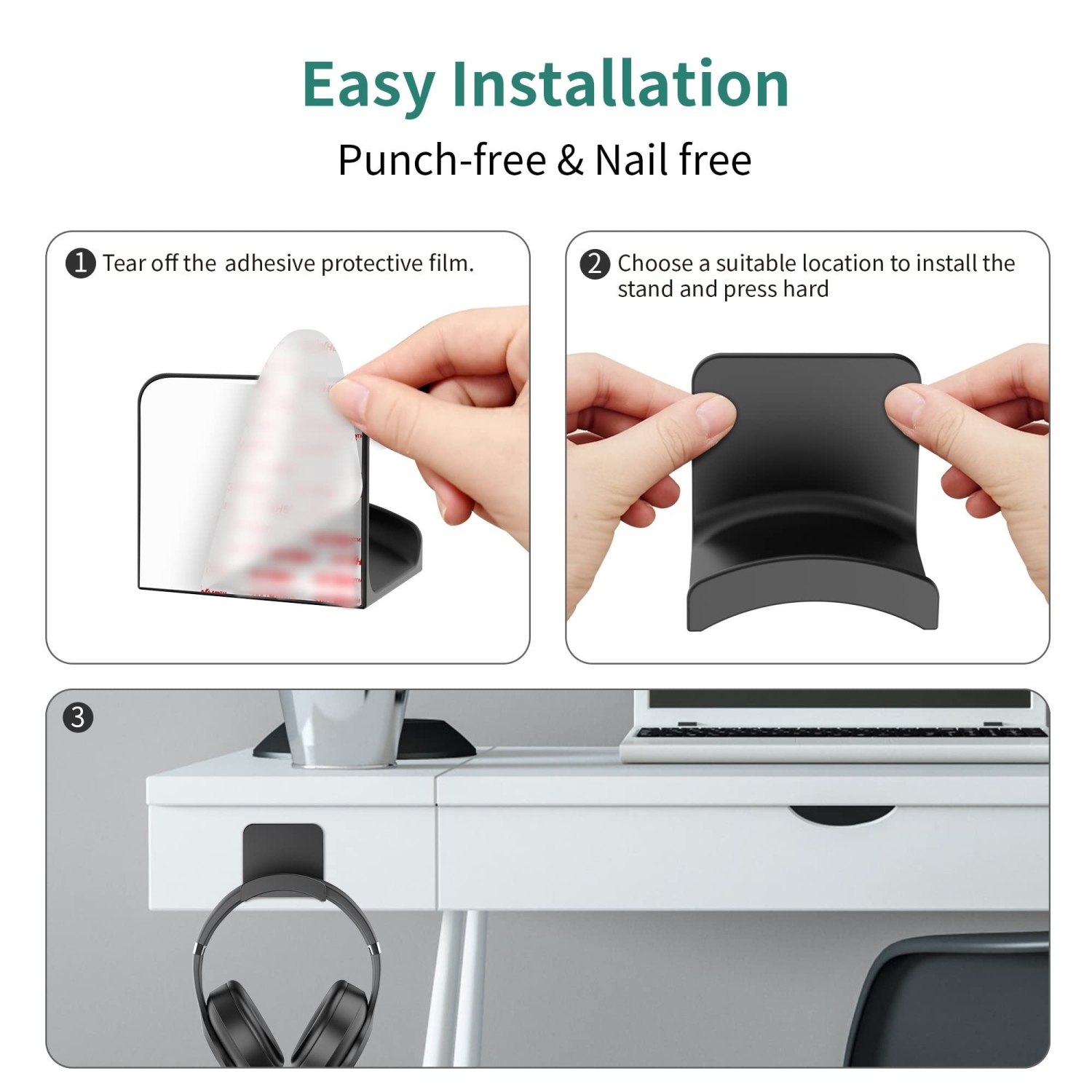 Headphone Stand Headset Holder - Adhesive Gaming Headphone Hanger Hook Desk Mount for Most Headphone & Controller