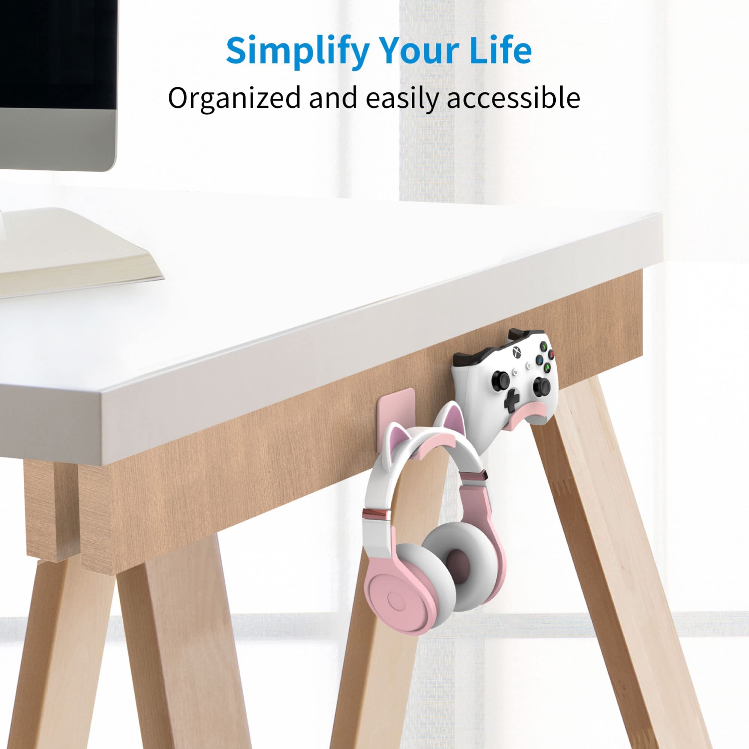 Headset Stand for Most Headphones-Headphone Holder & Hook 2 in 1,Fixed on The Wall or Desk with Non-Slip Silicone Pad Rugged and Durable , A