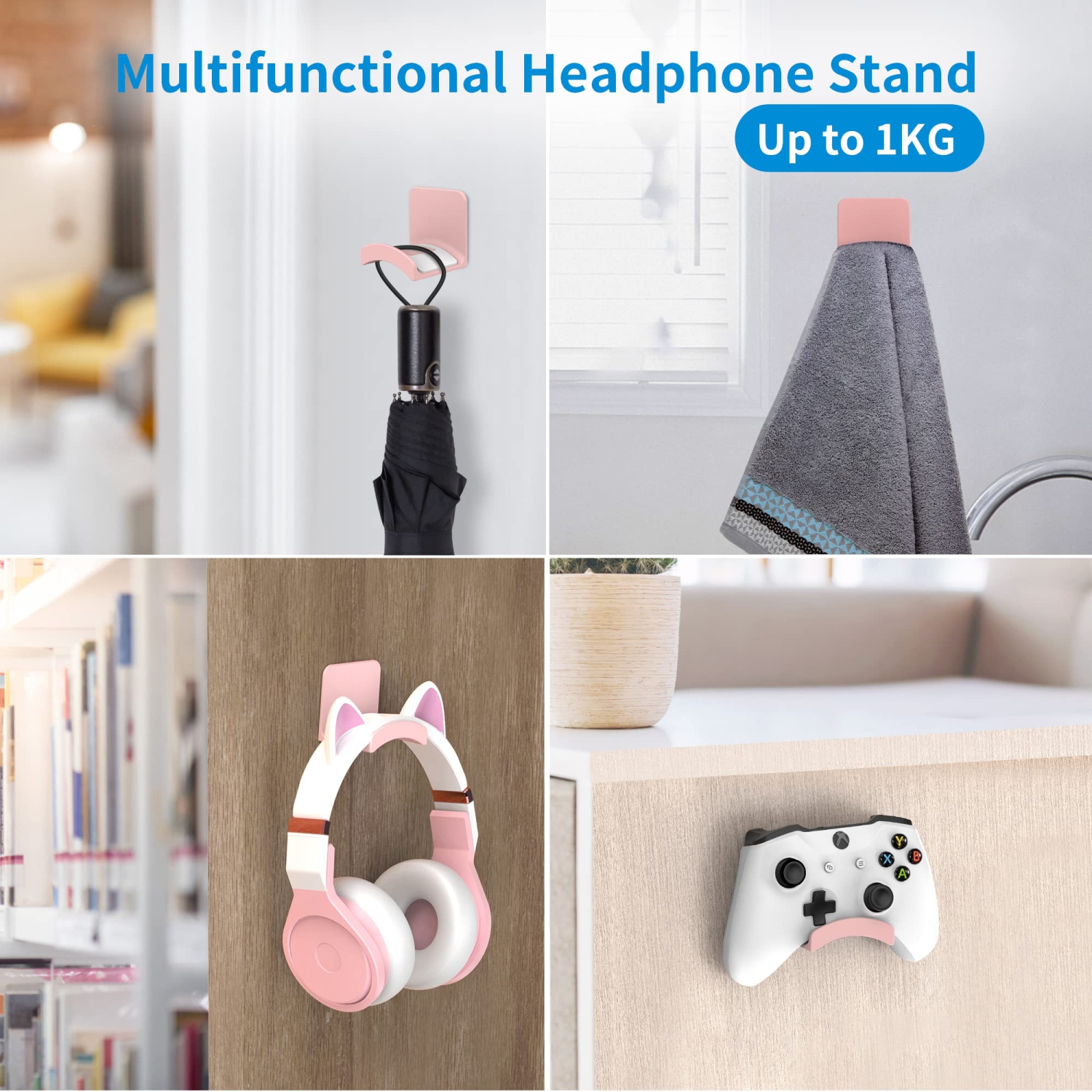 Headset Stand for Most Headphones-Headphone Holder & Hook 2 in 1,Fixed on The Wall or Desk with Non-Slip Silicone Pad Rugged and Durable , A