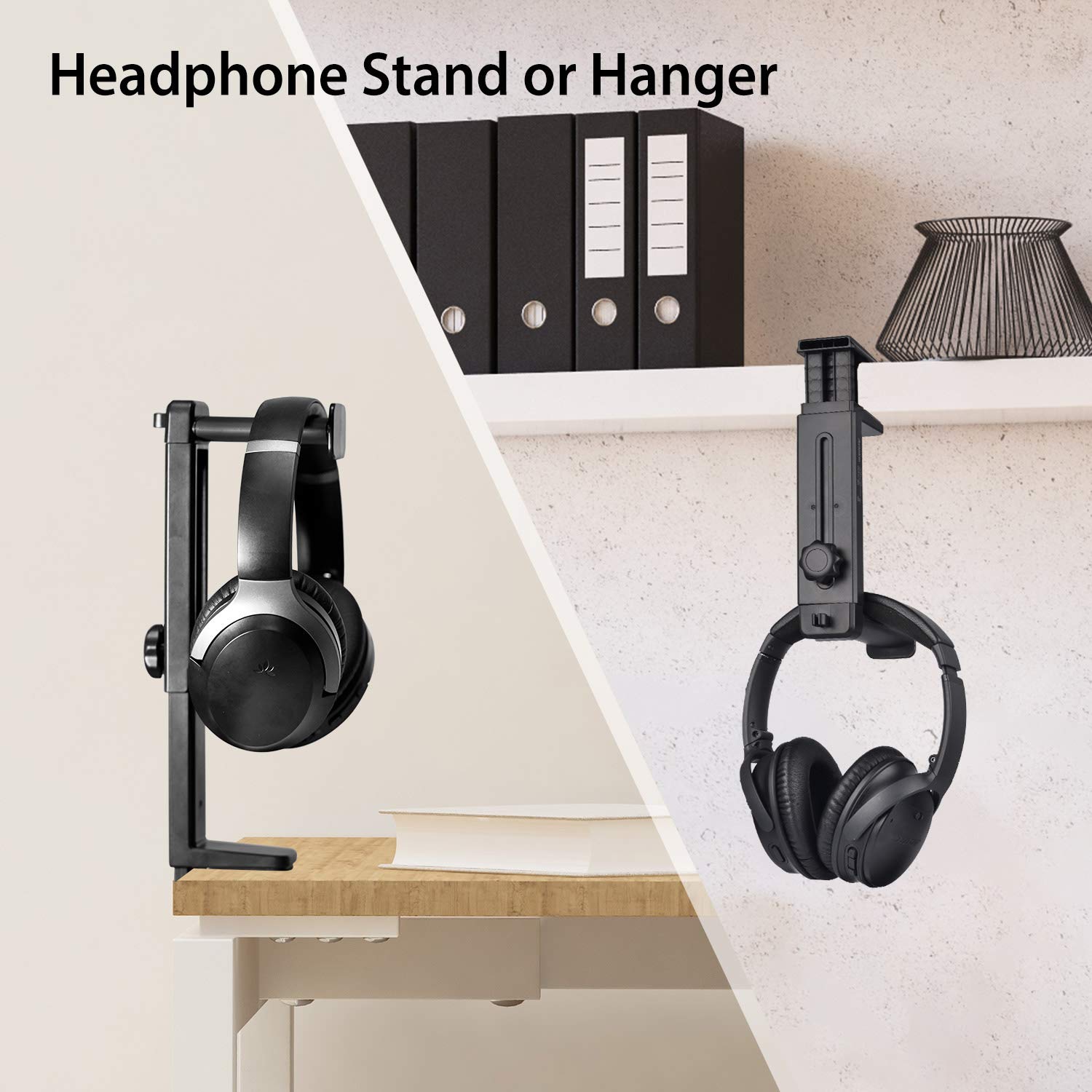 HS906 Headphone Stand & Hanger 2 in 1, Above & Under Desk Gaming Headset Holder Mount Hook with Height Adjustable & Rotating Clamp, Earphone Rack