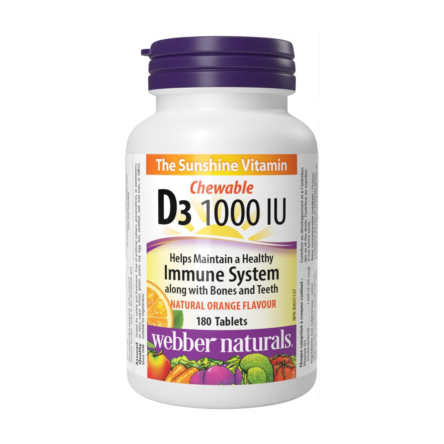 Webber Naturals Vitamin D3 1000 IU, 180 Chewable Orange Tablets, For Healthy Bones, Teeth, and the Maintenance of Good Health