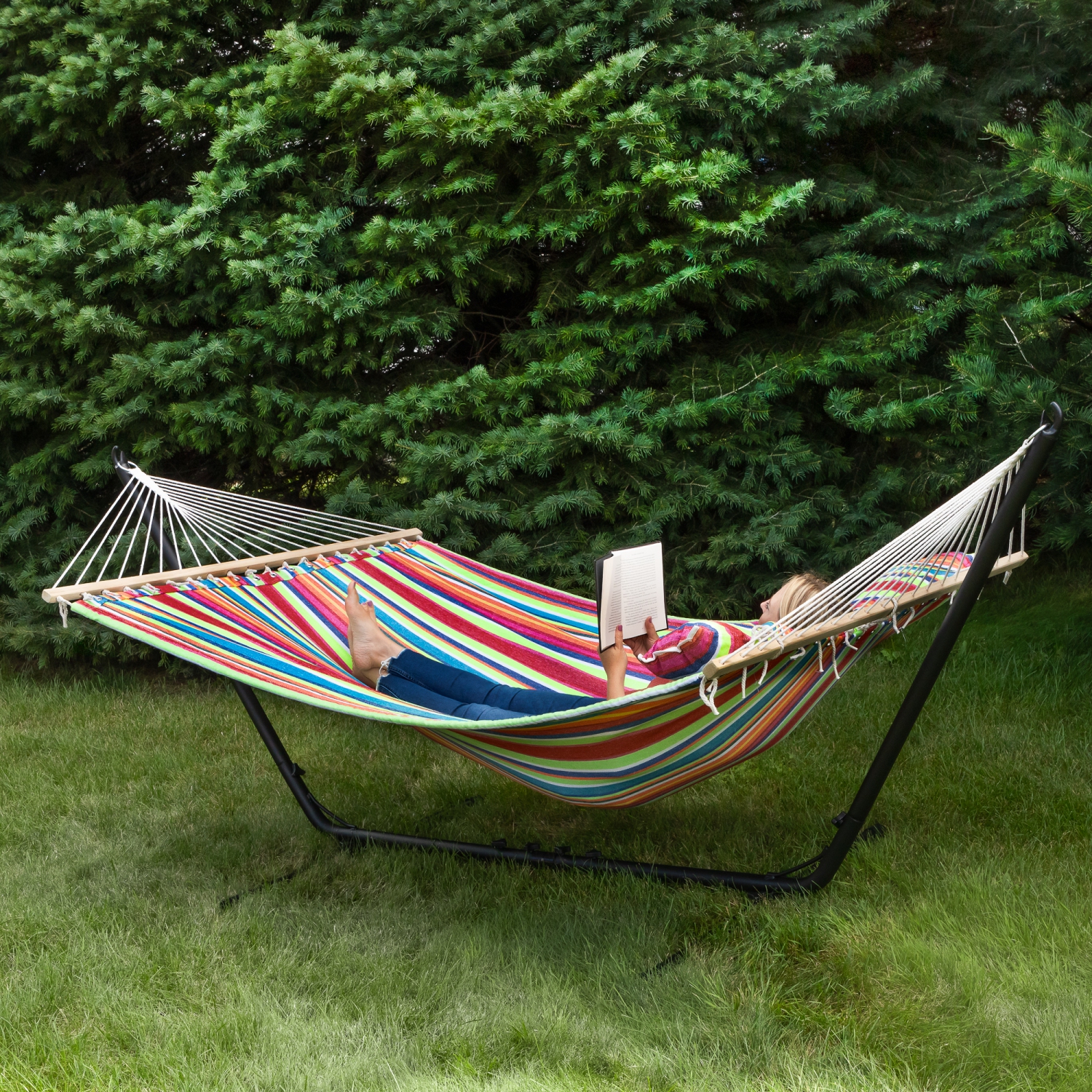 Striped Quilted Two Person Double Hammock with Pillow - 9' x 55" - Multicolor