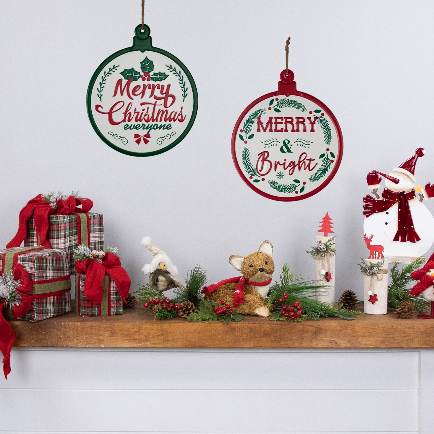 Merry and Bright Ornament Style Metal Christmas Wall Signs - 14" - Red and Green - Set of 2