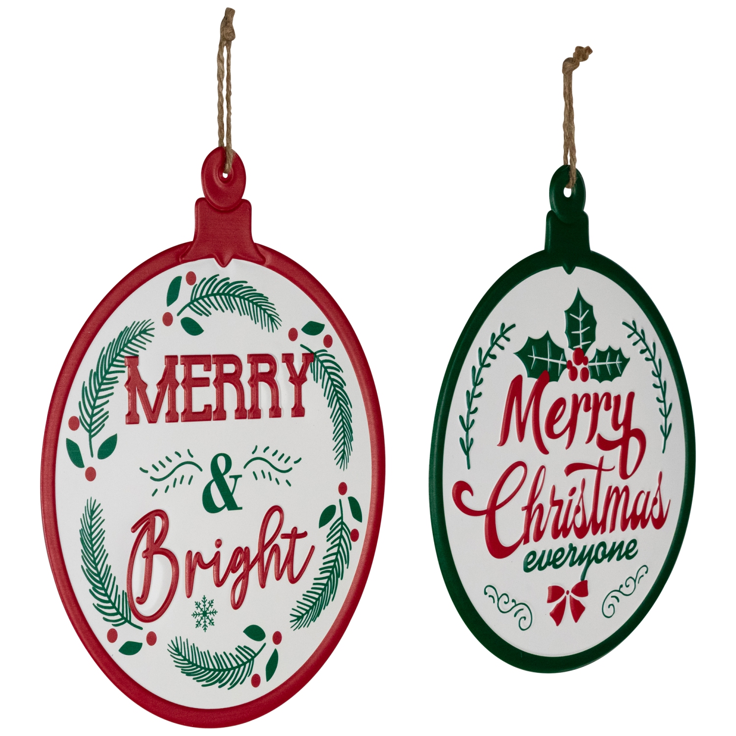 Merry and Bright Ornament Style Metal Christmas Wall Signs - 14" - Red and Green - Set of 2