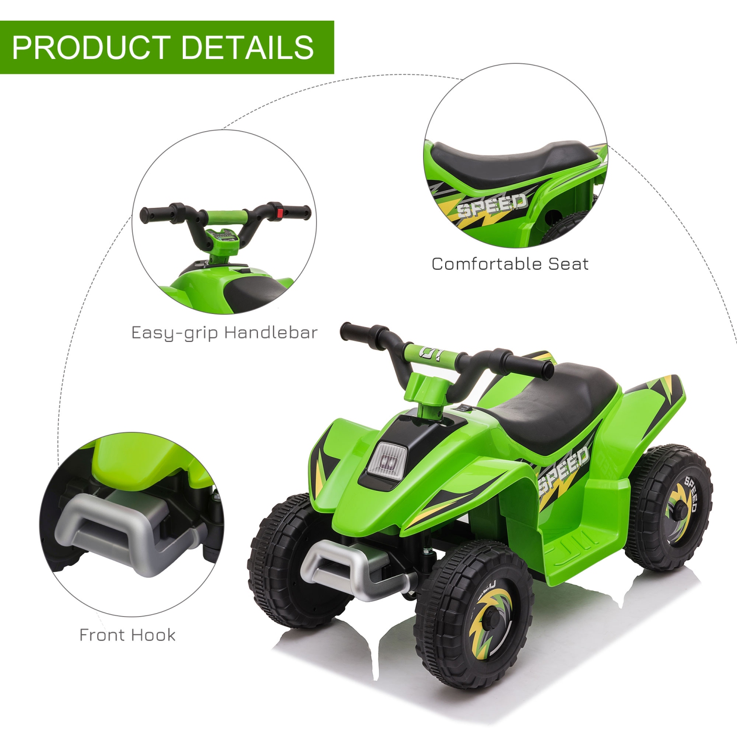 Aosom Kids ATV, 6V Battery Powered Electric Car for Kids, Toddler Quad 4 Wheeler with Forward, Reverse Switch, for Boys Girls 18-36 Months, Green