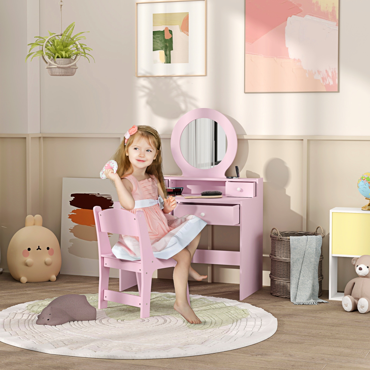 Qaba – Coiffeuse pour enfants, coiffeuse avec miroir pour enfants, table de maquillage pour enfants avec tabouret et tiroirs de rangement, pour