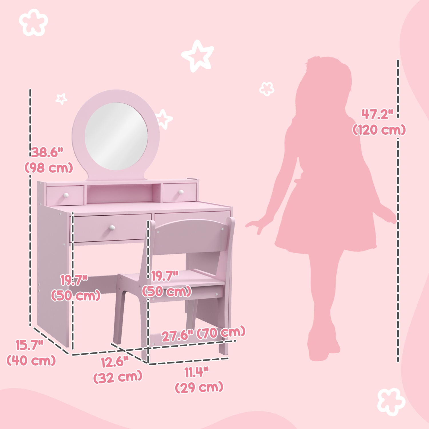 Qaba – Coiffeuse pour enfants, coiffeuse avec miroir pour enfants, table de maquillage pour enfants avec tabouret et tiroirs de rangement, pour