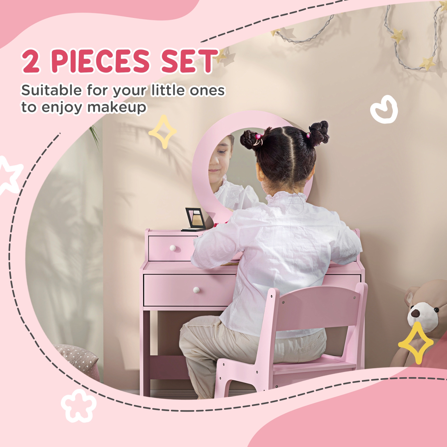 Qaba – Coiffeuse pour enfants, coiffeuse avec miroir pour enfants, table de maquillage pour enfants avec tabouret et tiroirs de rangement, pour