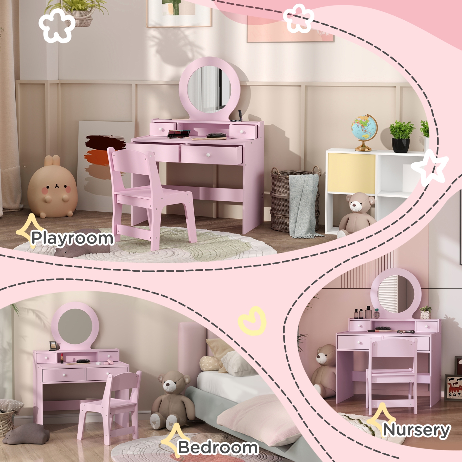 Qaba – Coiffeuse pour enfants, coiffeuse avec miroir pour enfants, table de maquillage pour enfants avec tabouret et tiroirs de rangement, pour