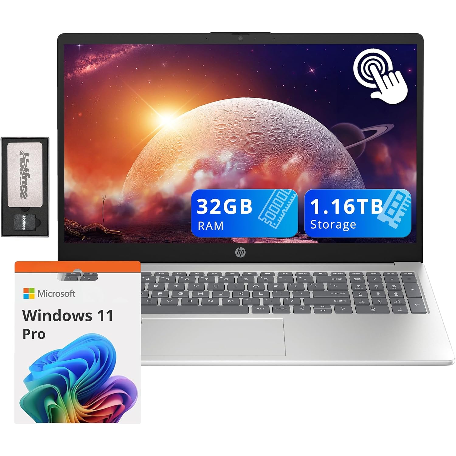 HP 15.6" HD Touchscreen Laptop, Intel Core i3-1215U, 1TB PCIe SSD, 32GB RAM, Intel UHD Graphics, Numeric Keypad, HD Webcam, Wi-Fi 5, Silver, Win 11 Pro, 128GB Docking Station Set