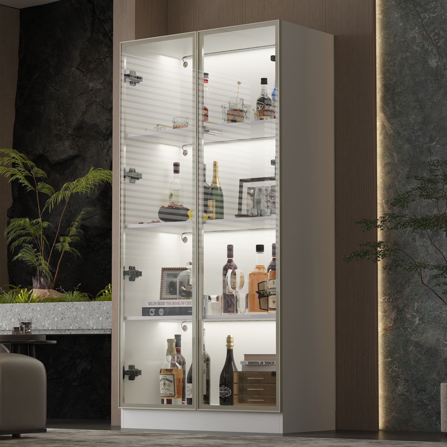 Famapy Modern Display Cabinet with Glass Doors, Adjustable Shelves, and LED Lighting for Living Room or Kitchen White