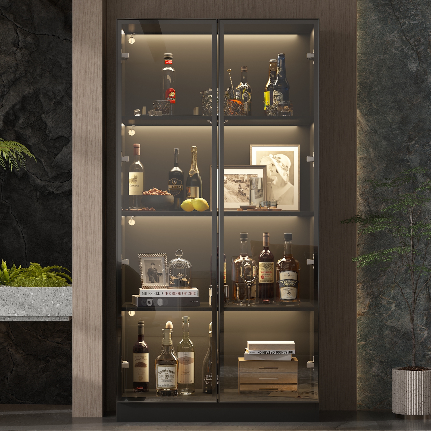 Famapy Modern Display Cabinet with Glass Doors, Adjustable Shelves, and LED Lighting for Living Room or Kitchen Black