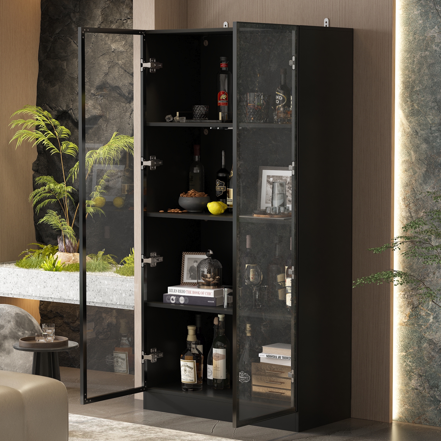 Famapy Modern Display Cabinet with Glass Doors, Adjustable Shelves, and LED Lighting for Living Room or Kitchen Black