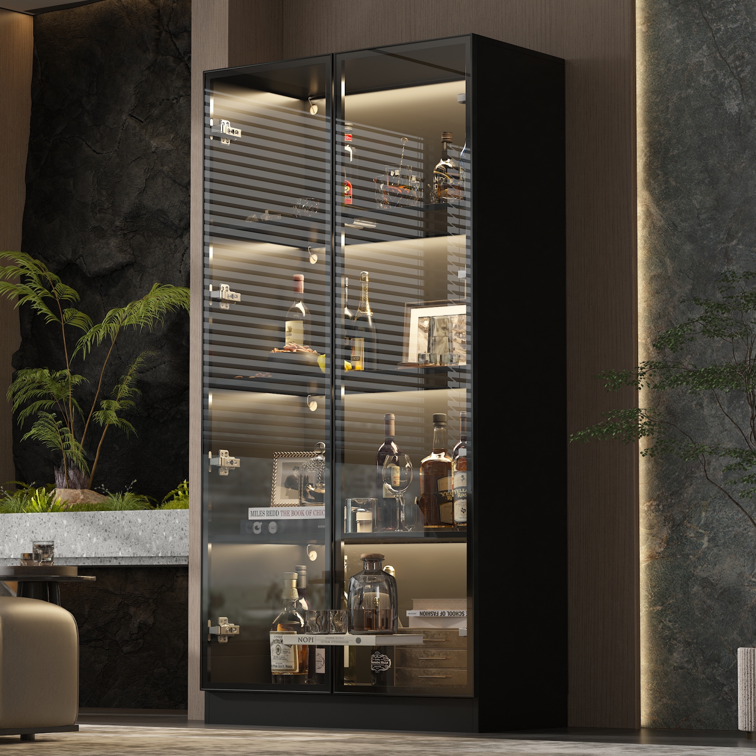 Famapy Modern Display Cabinet with Glass Doors, Adjustable Shelves, and LED Lighting for Living Room or Kitchen Black