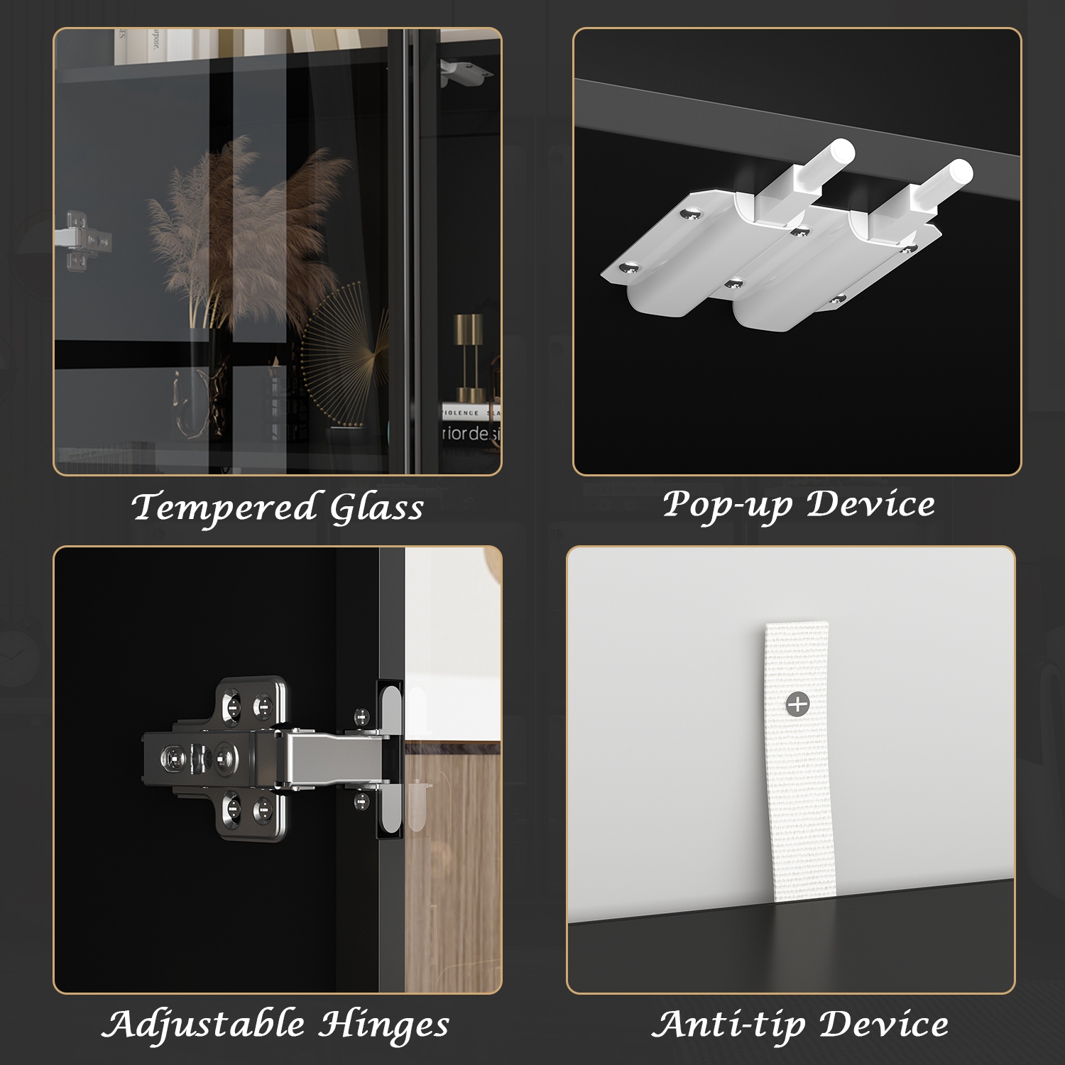 Famapy Modern Display Cabinet with Glass Doors, Adjustable Shelves, and LED Lighting for Living Room or Kitchen Black