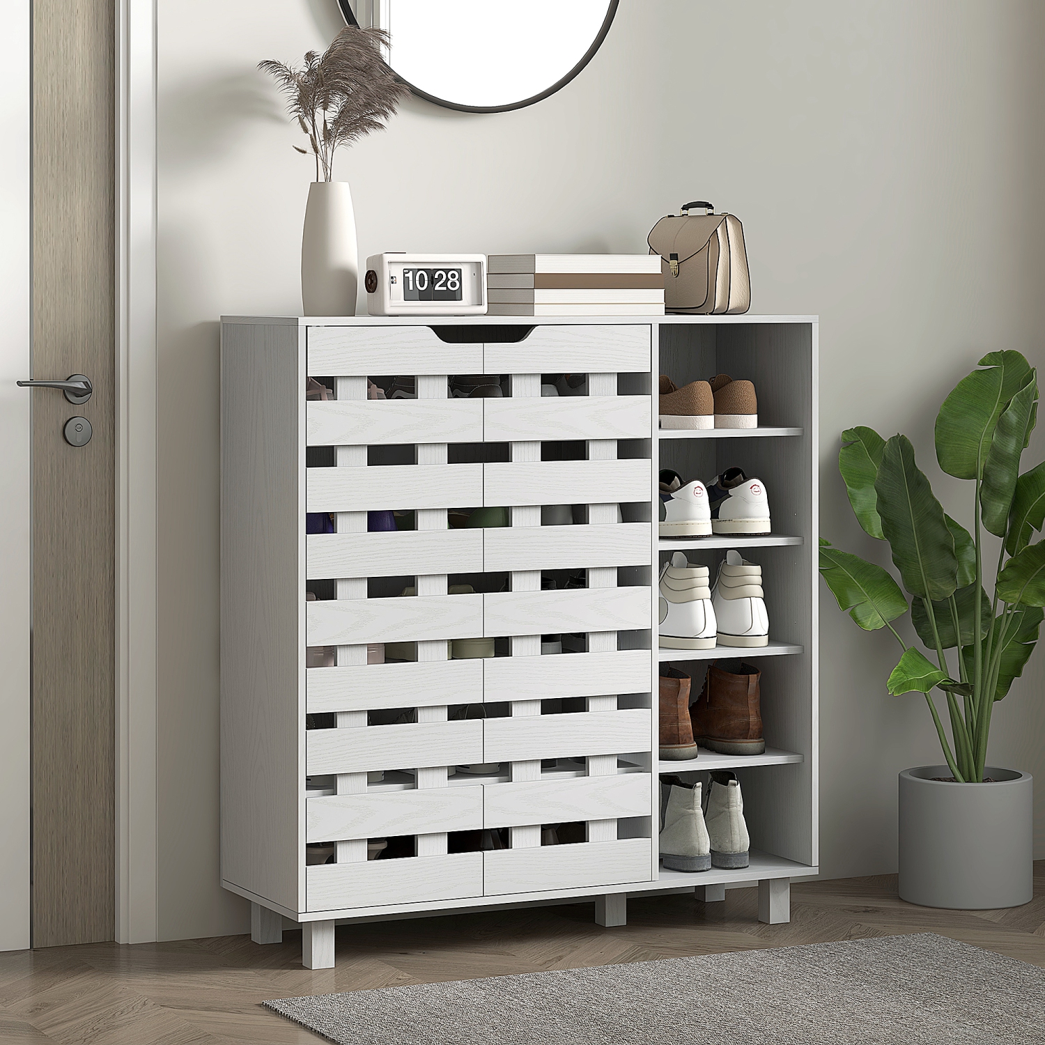 HOMCOM – Armoire à chaussures moderne avec portes creuses et tablettes ouvertes à 5 niveaux, armoire de rangement à chaussures à 21 paires pour