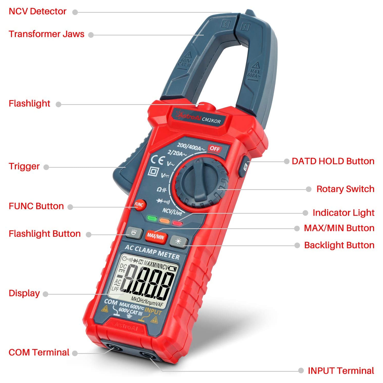 AstroAI Digital Clamp Meter Multimeter 2000 Counts Amp Voltage Tester Auto-ranging with AC/DC Voltage, AC Current, Resistance, Capacitance,