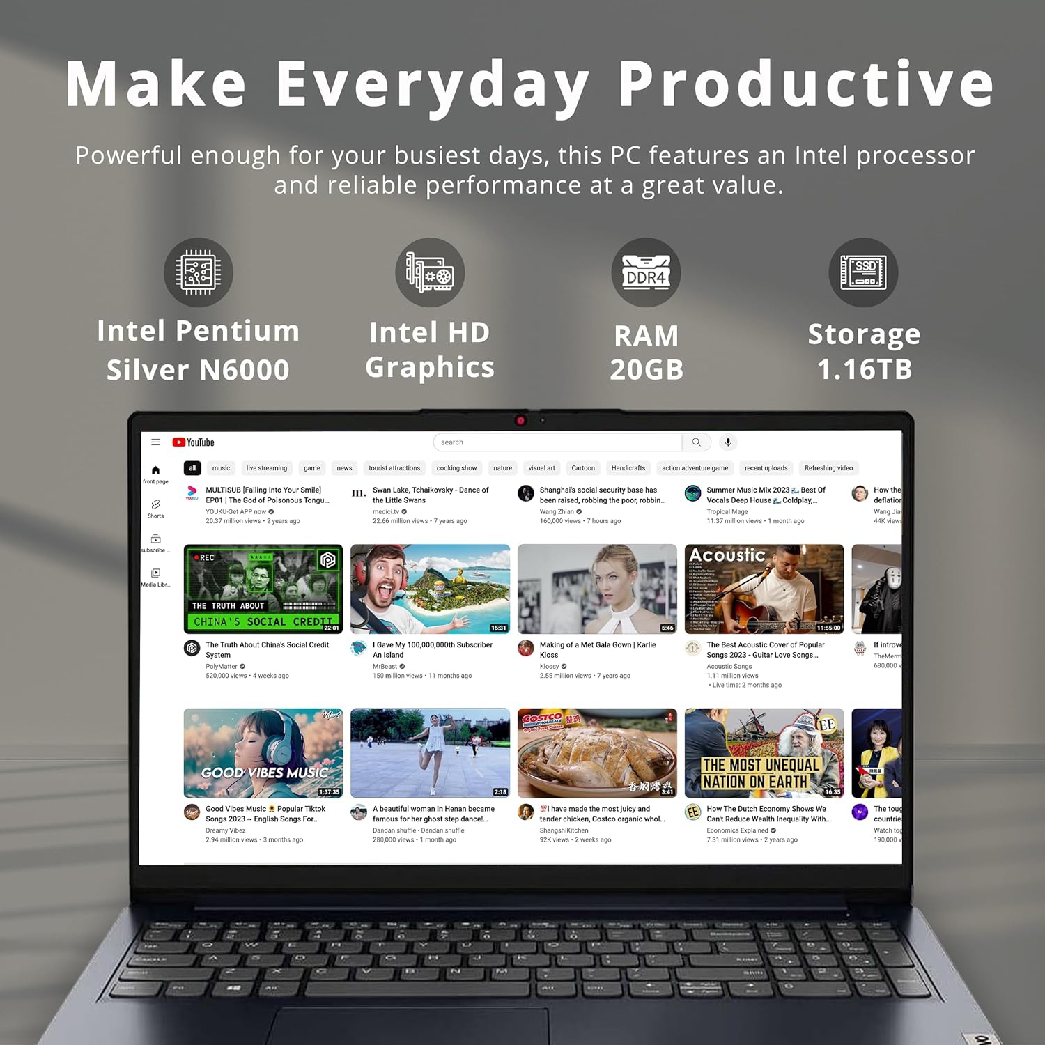 Lenovo IdeaPad 15.6" FHD Laptop for Business, Intel Pentium 4-Core CPU, 1.16TB Storage(1TB SSD+160GB Docking Station Set), 20GB RAM, HD Webcam, 1