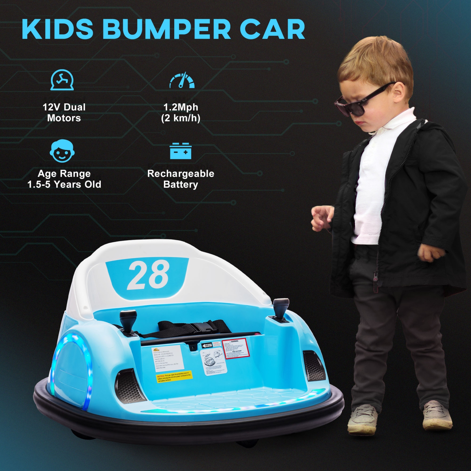 Qaba 12V Bumper Car for Toddlers, Electric Ride On Car with 360 Degree Spin, Remote Control, LED Lights Music Horn, for Ages 1.5-5 Years Old, Light