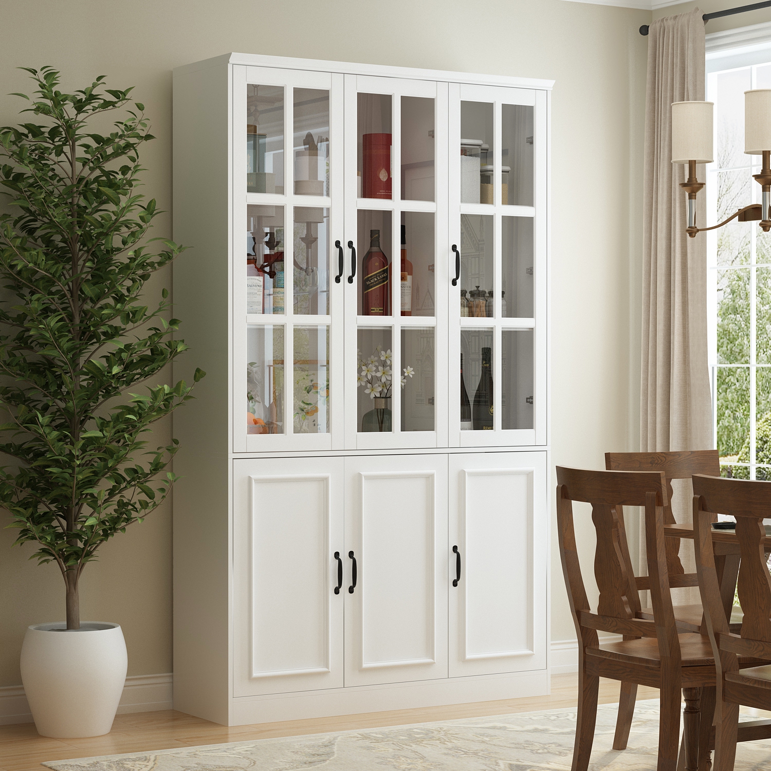 Famapy Tall Pantry Cabinet with Glass Doors, Adjustable Shelves, and Spacious Storage for Kitchen or Dining Room White