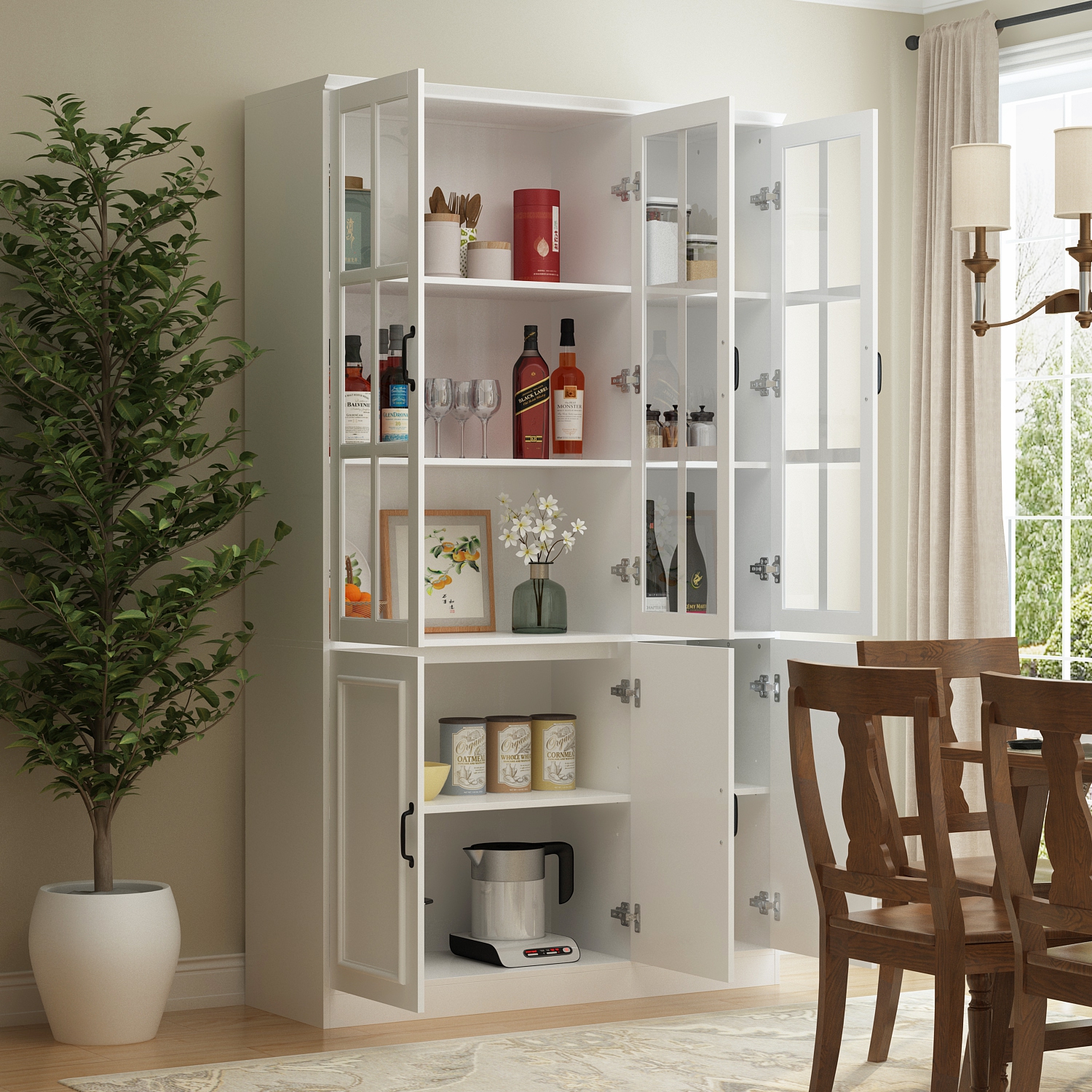 Famapy Tall Pantry Cabinet with Glass Doors, Adjustable Shelves, and Spacious Storage for Kitchen or Dining Room White
