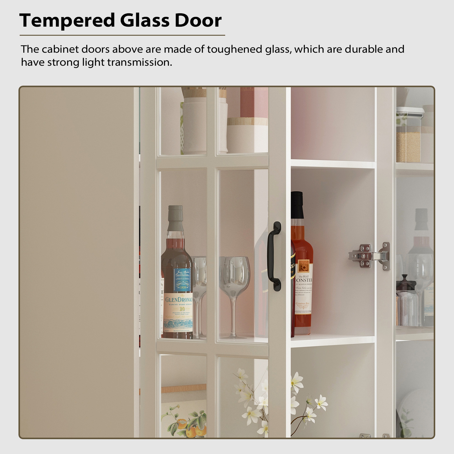 Famapy Tall Pantry Cabinet with Glass Doors, Adjustable Shelves, and Spacious Storage for Kitchen or Dining Room White