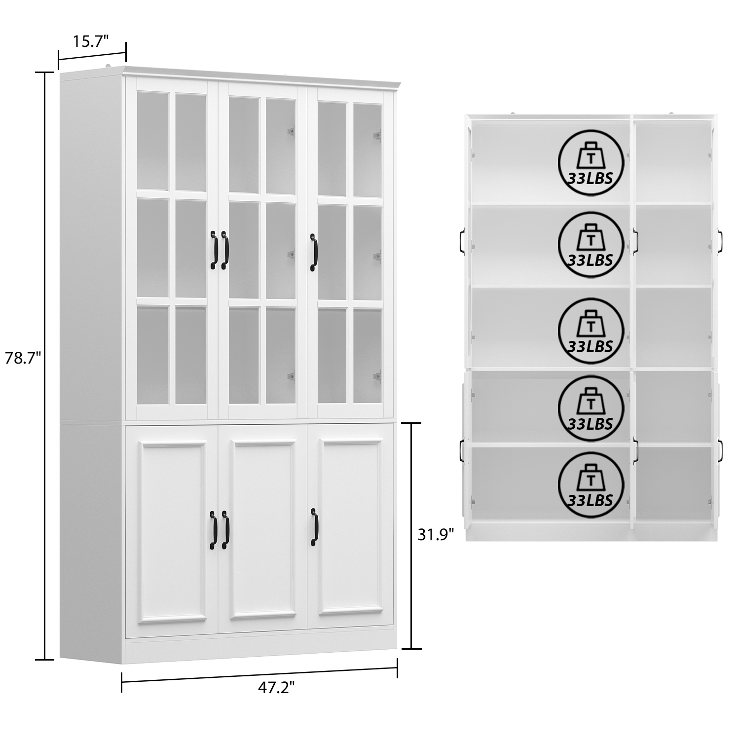 Famapy Tall Pantry Cabinet with Glass Doors, Adjustable Shelves, and Spacious Storage for Kitchen or Dining Room White