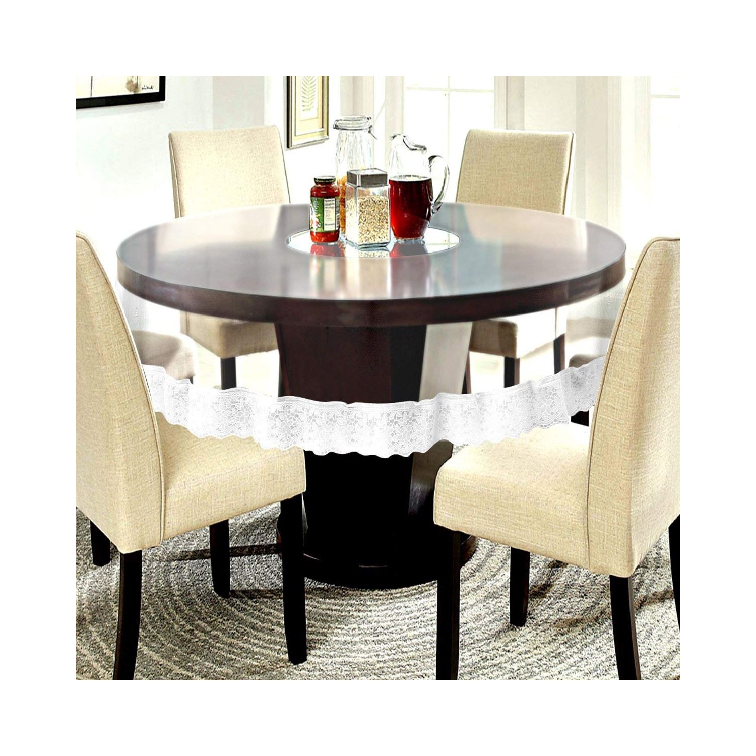 6 Seater Round Table Cover, PVC Plastic Waterproof 6 Seater Round Table Cover with Silver LACE Plain ,protects the round table surface and enhances