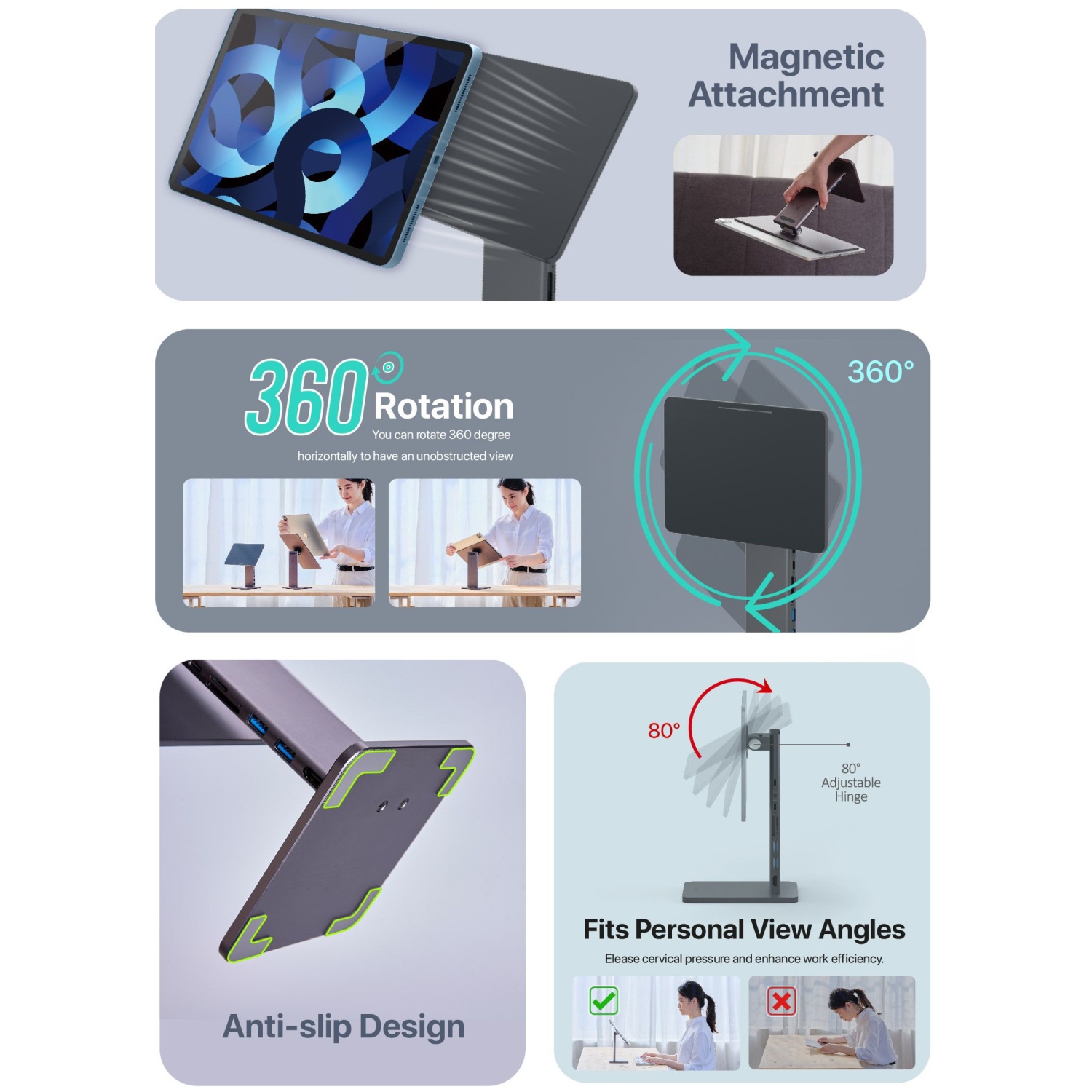 ADAM Elements Mag M Pro 11" 8 in 1 Aluminum HUB Stand for iPad Pro and Air 360 Rotating 180 Tilt USB-A 3.1 x2 USB-C PD@60W x1 HDMI 4K@60Hz microSD/SD