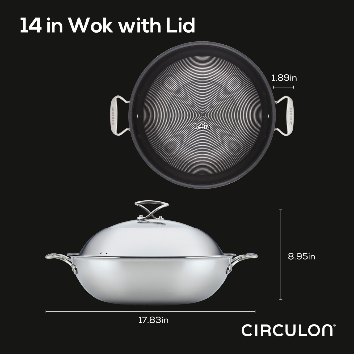 Circulon – wok en acier inoxydable Clad avec couvercle en verre et écran hybride SteelShield et technologie antiadhésive, 14 po, argenté