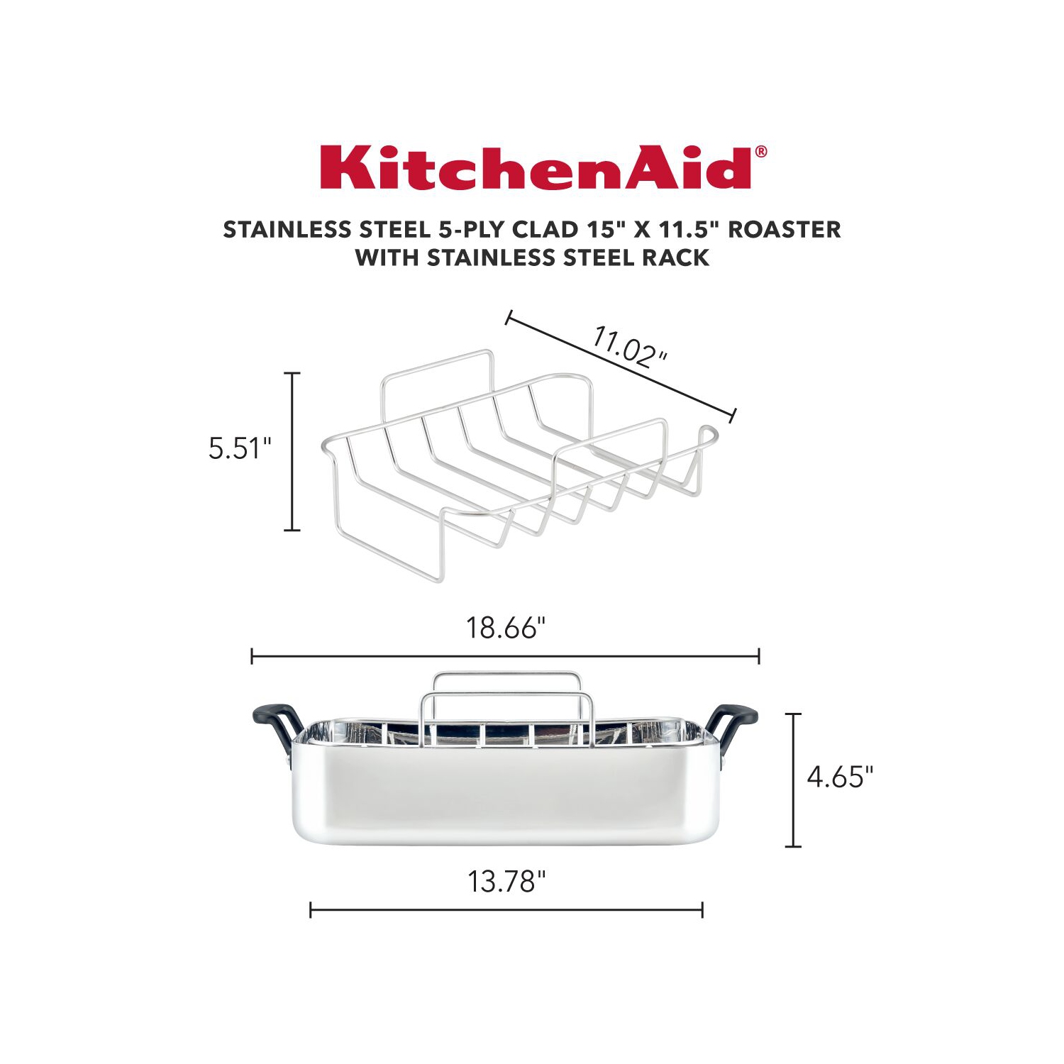 KitchenAid 5-Ply Clad Stainless Steel Roaster with Removable Rack, 15-Inch x 11.5-Inch, Polished Stainless Steel