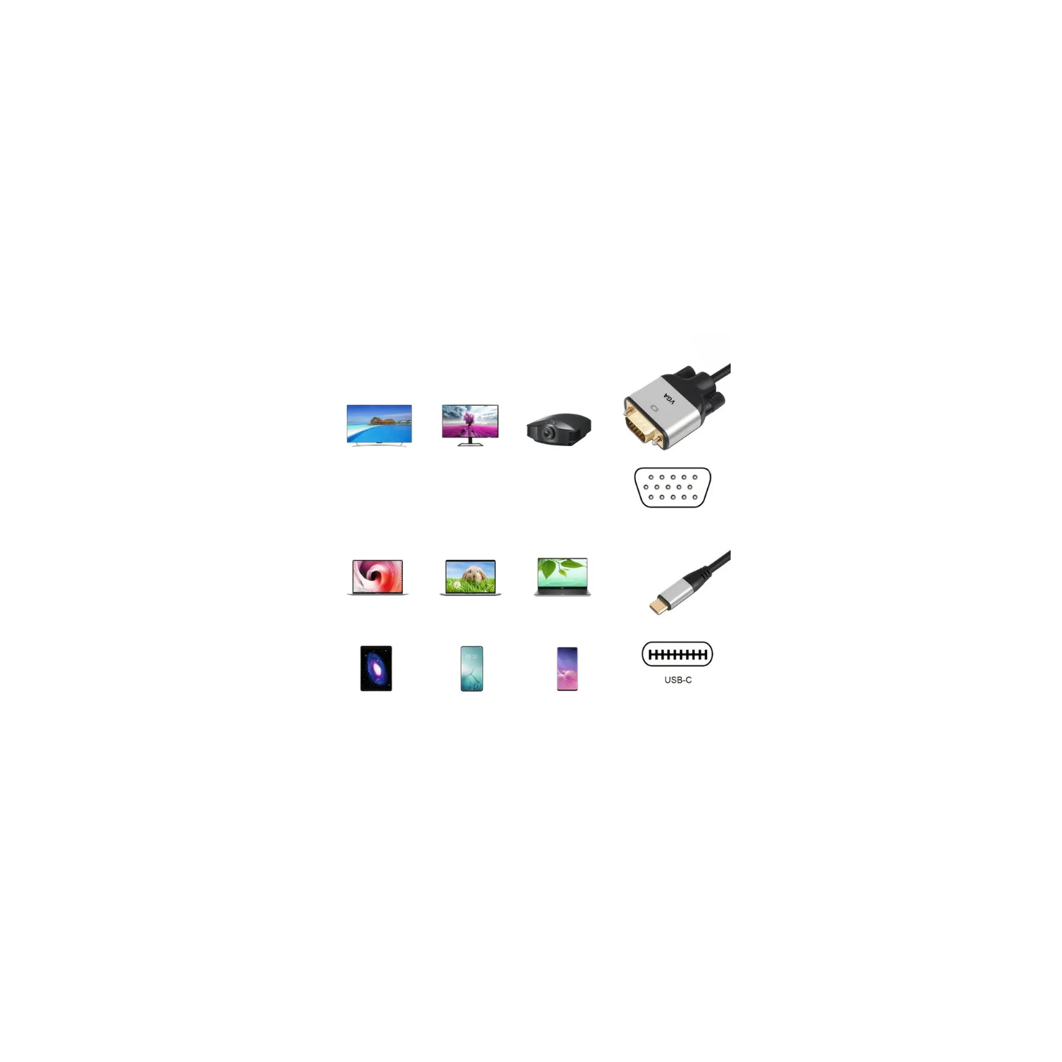 Adaptateur convertisseur USB type C vers VGA 1080P pour projecteur UHD pour ordinateur portatif