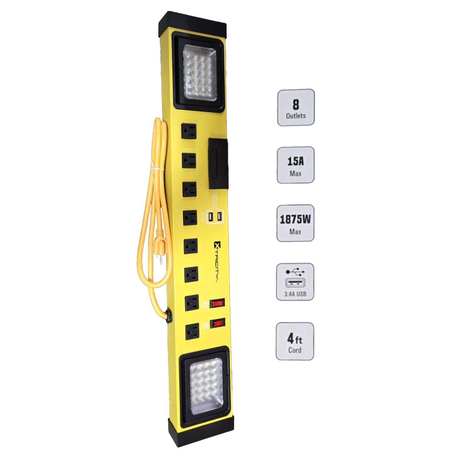 Xtricity – barre d’alimentation robuste à 8 prises avec éclairage DEL et support pour téléphone, jaune