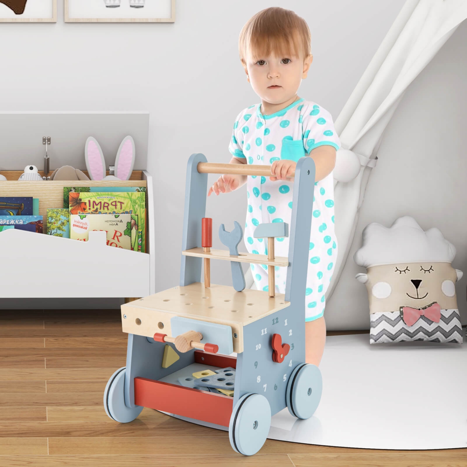 Costway 2-in-1 Wooden Baby Push Walker with Multi-Activity Center & Bottom Storage Toys