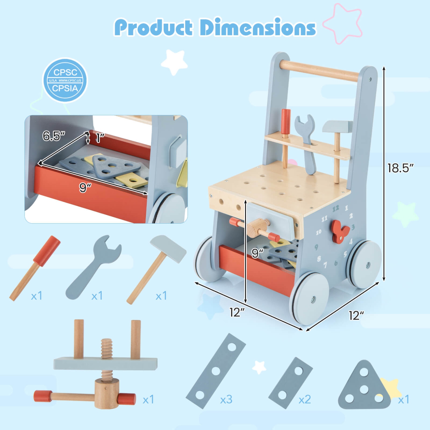 Costway 2-in-1 Wooden Baby Push Walker with Multi-Activity Center & Bottom Storage Toys