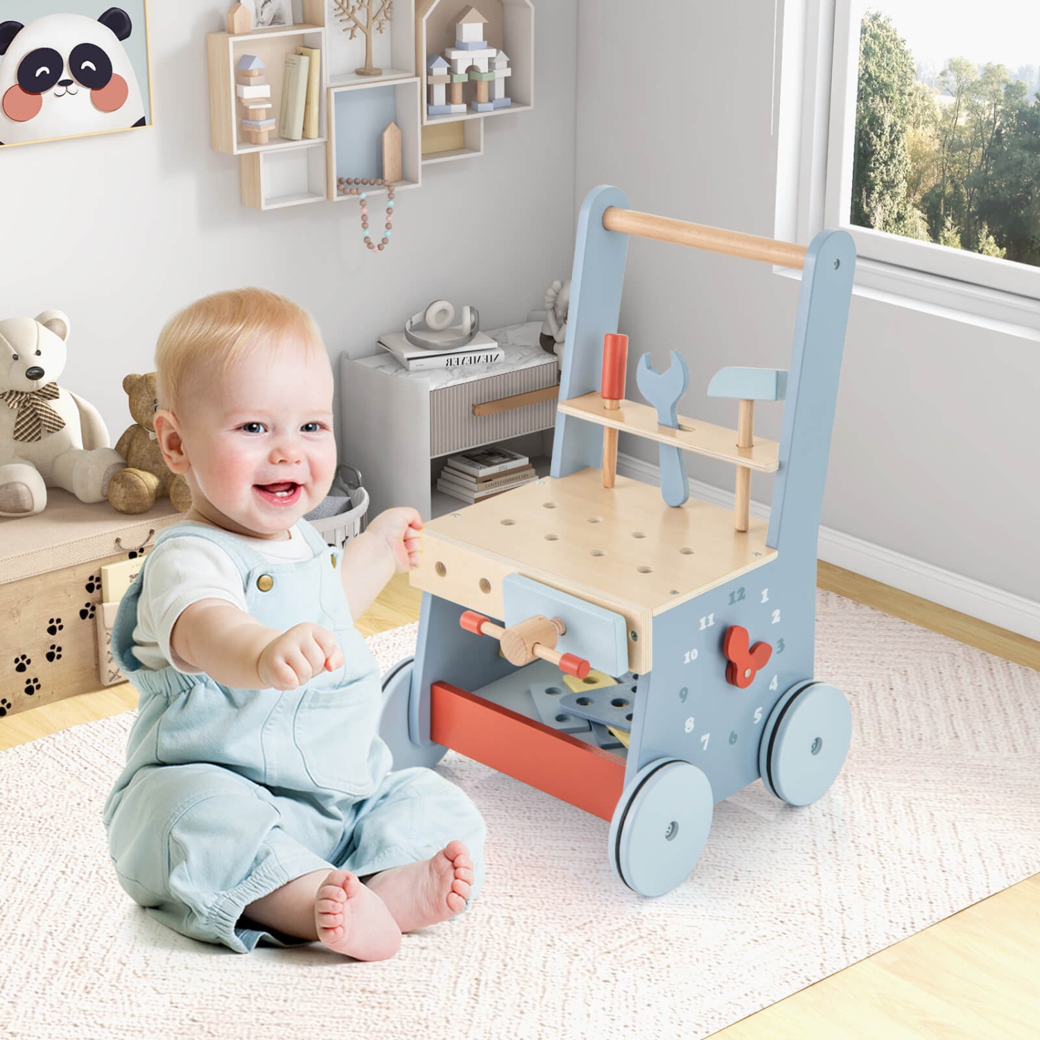 Costway 2-in-1 Wooden Baby Push Walker with Multi-Activity Center & Bottom Storage Toys
