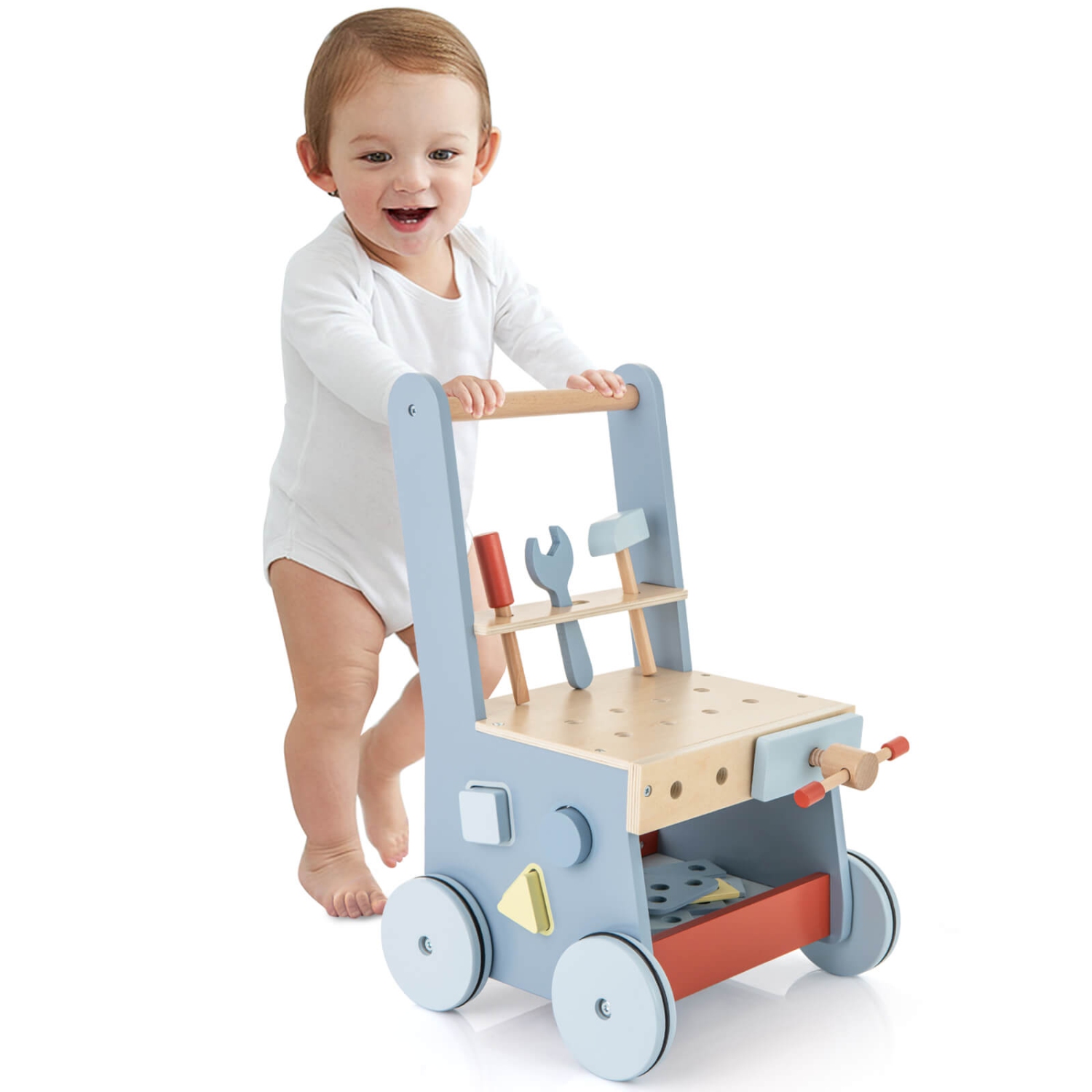 Costway 2-in-1 Wooden Baby Push Walker with Multi-Activity Center & Bottom Storage Toys