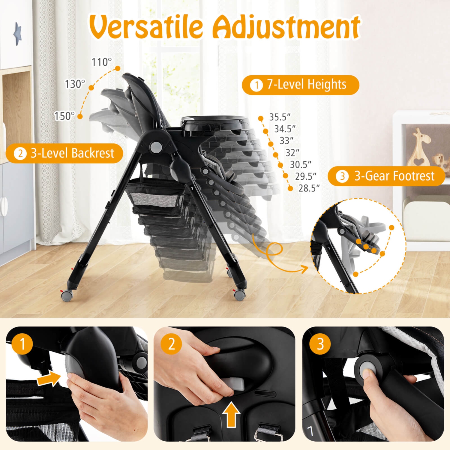 Chaise haute de Costway pour bébés et tout-petits avec repose-pieds à hauteur réglable sur roulettes