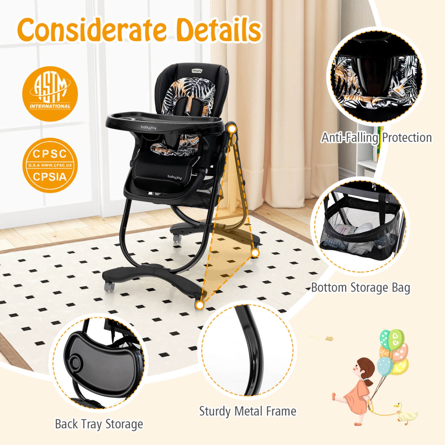 Chaise haute de Costway pour bébés et tout-petits avec repose-pieds à hauteur réglable sur roulettes